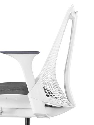 Side view of the back support used on a white Sayl chair