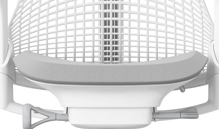 A grey seat pad on a white Sayl chair