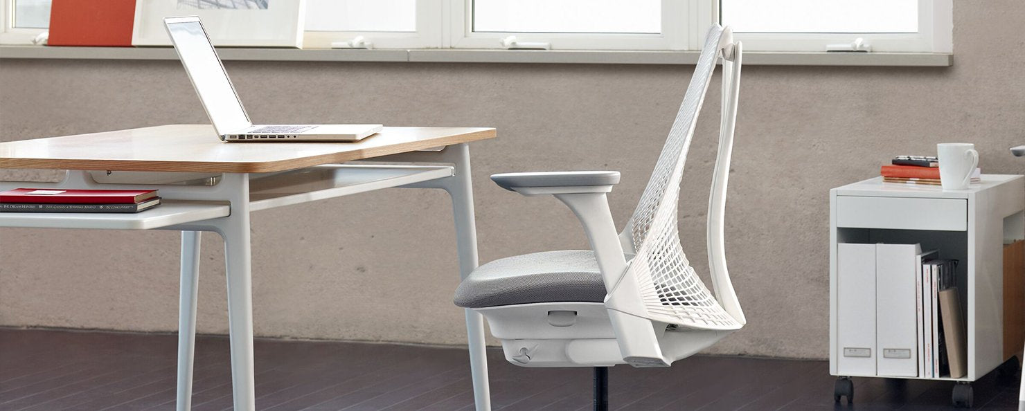 White & grey Sayl chair in a light office environment
