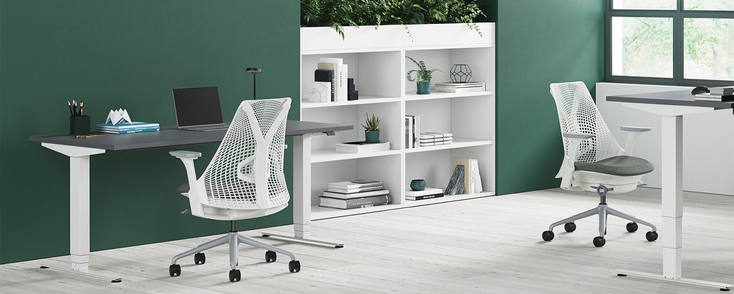 A white Sayl chair in a home office.