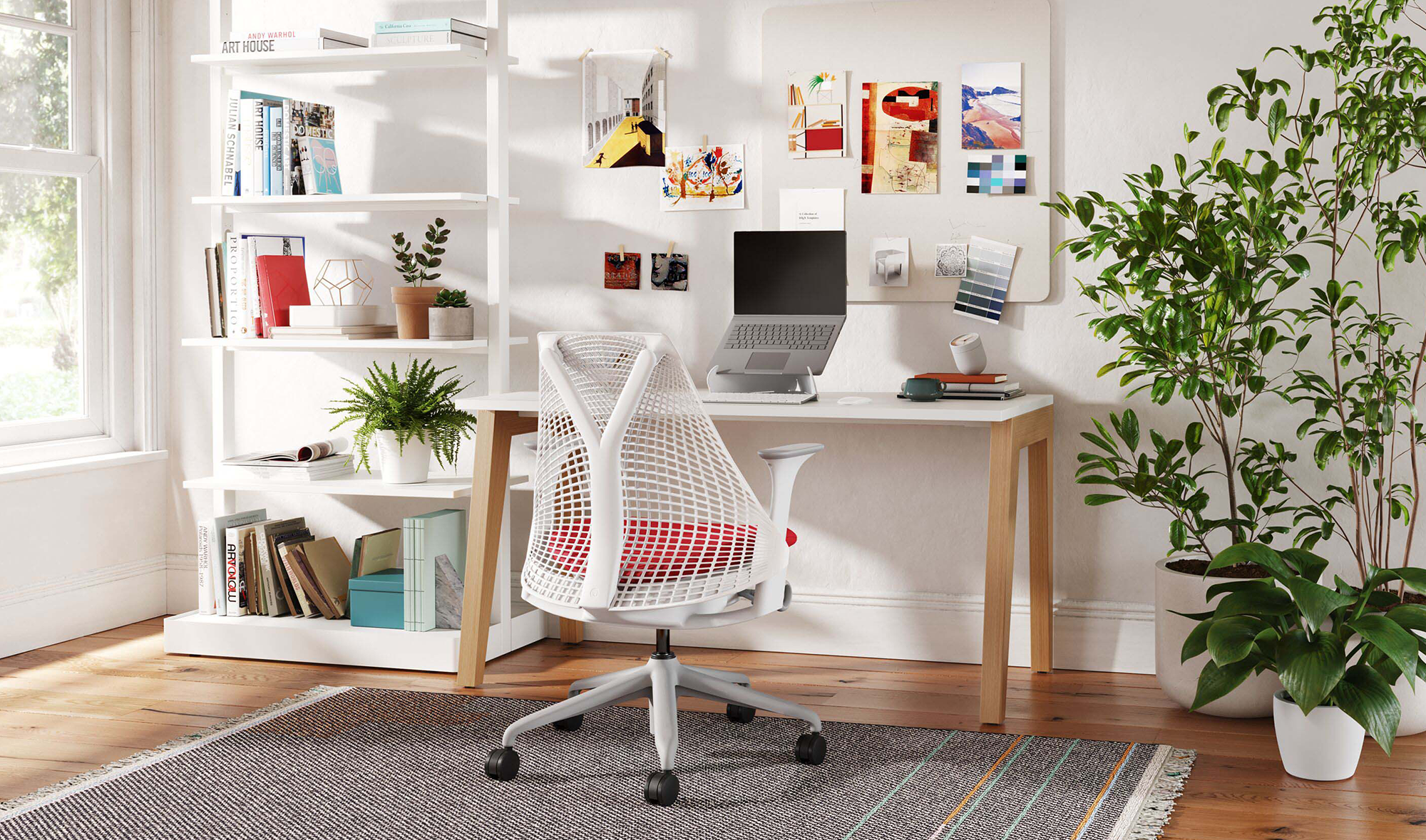 A blue Cosm in a home office environment
